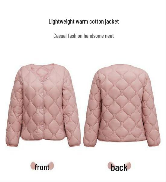 2026 Women's V-neck Geometric Down Cotton Jacket, Short Slimming Style for Autumn and Winter.