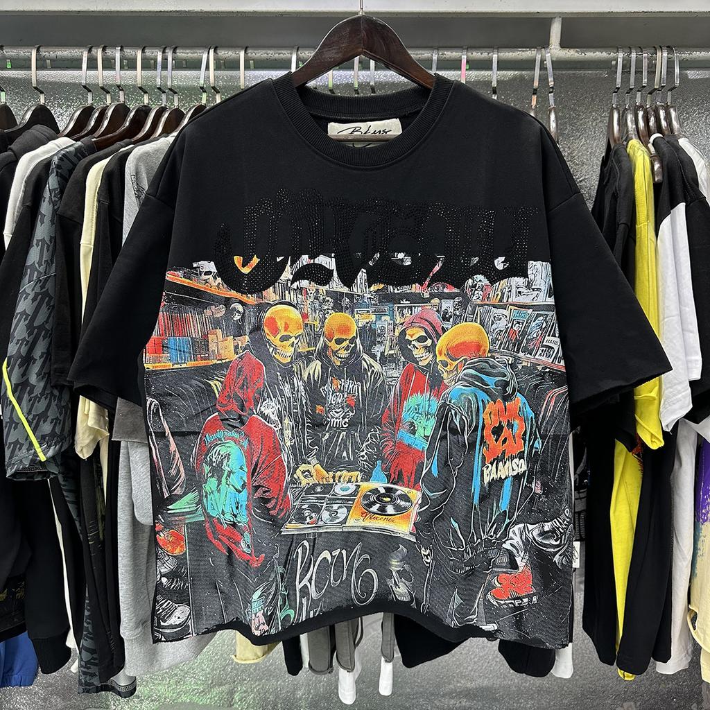 2026 Summer Men's Oversize T-Shirt, Skull Hip Hop DJ Crew Print Dark Street Short Sleeve Tee With Rhinestone Letter
