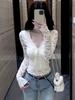 Elegant White Lace V-Neck Long-Sleeve Slim Fit Women's Top for Autumn/Winter