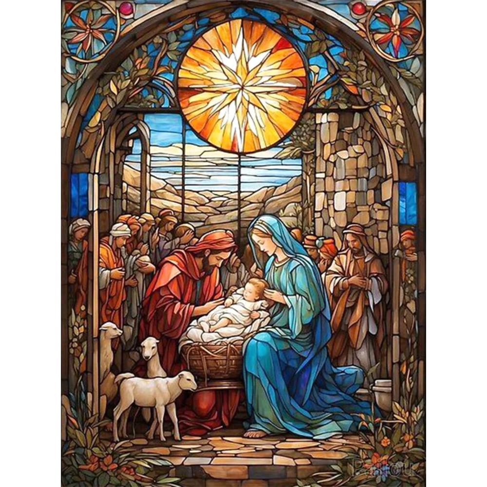 Jezus Chrystus Sztuka Witrażowa DIY 5D Malowanie Diamentowe Religijny Święty Krzyż i Maryja Dziewica Mozaika Haft Krzyżykowy Prezent Wystrój Domu