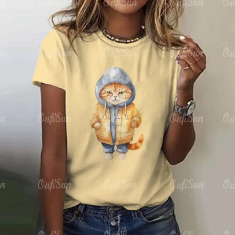 Summer Round Neck T-shirt with 3D Digital Printed Short Sleeves for Cats Loose Comfortable Round Neck T-Shirts Women’s