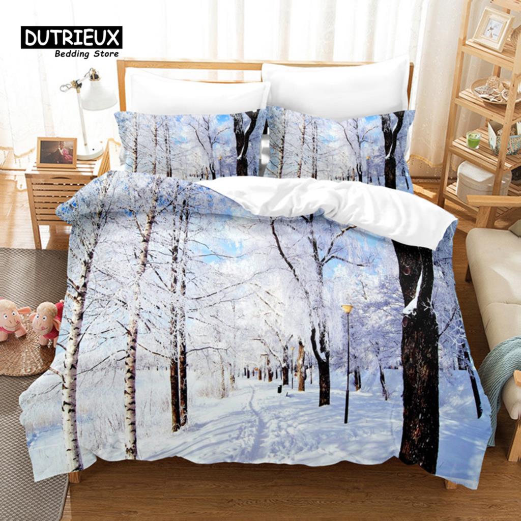 Snow Scene Hut Bedding Set, 3Pcs Duvet Cover Set, Soft Comfortable Breathable Duvet Cover, For Bedroom Guest Room Decor