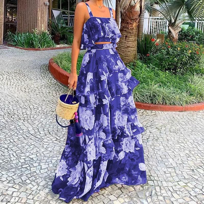 European & American Women's Beach Vacation Two-Piece Set: Print Camisole Top with Long Cake Skirt