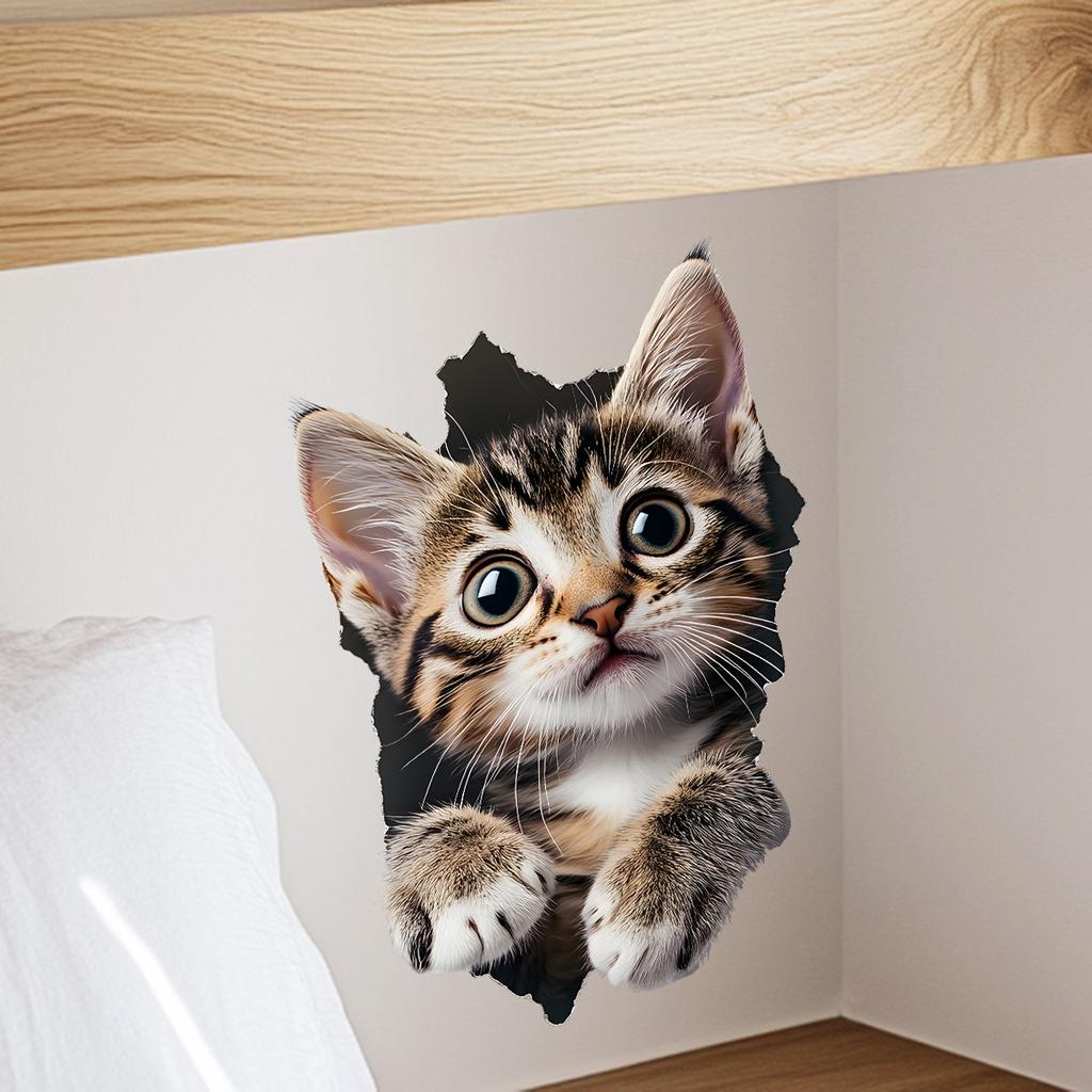 Creative Peeking Kitten Wall Stickers, 3D Breaking Wall Effect for Kids Room Living Room Decor, Removable Self-Adhesive