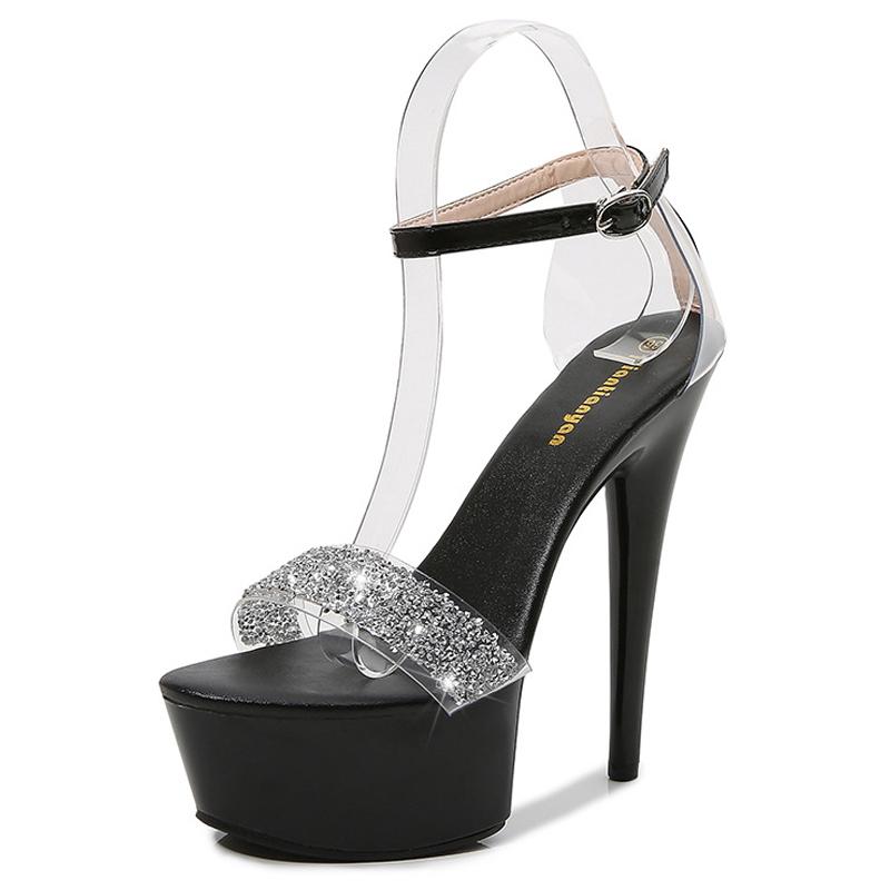 

Lady Rhinestone High Thin Heel Sandals Women Ankle Strap Crystal Sandals for Office Nightclub Party Catwalk Show Pole Dance Pub 43 чорний