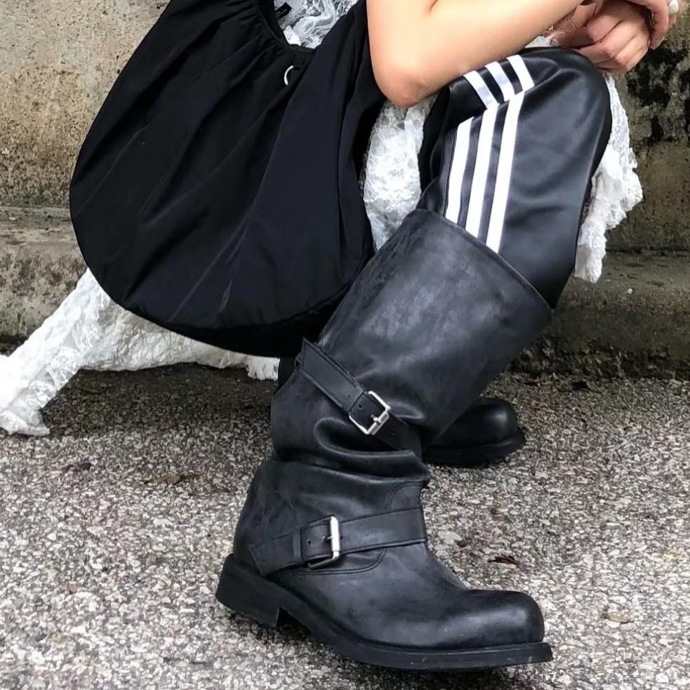 Zhang Yuanying Same Belt Buckle Stack Boots Women's Thick Heel Retro Old Medium Tube Boots Pleated Western Cowboy Knight Boots