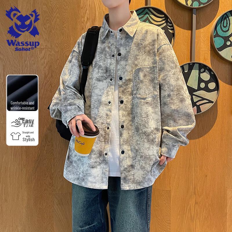 Wassup Sohot Men s American Retro Long-Sleeve Shirt Jacket 2XL