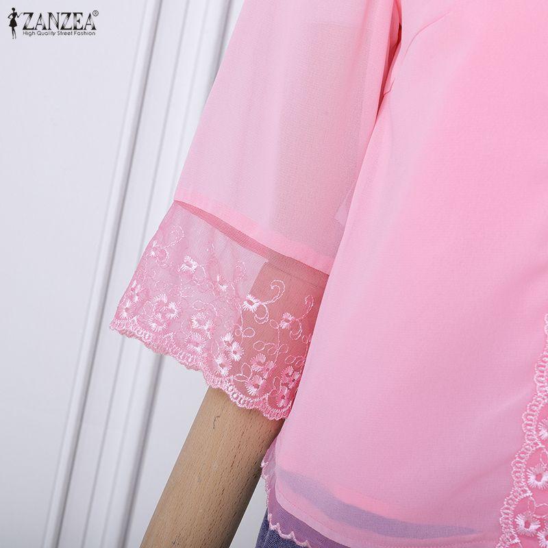 ZANZEA Damen Lässige Sommerbluse mit 3/4-Ärmeln und Spitzen-Patchwork