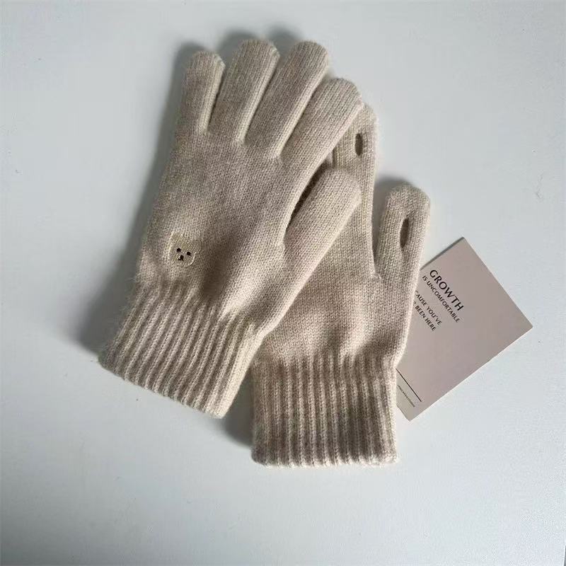 Women's Wool Gloves In Autumn and Winter Korean Cute Bear Embroidery Knitted Touch Screen Student Warm Riding Gloves Windproof