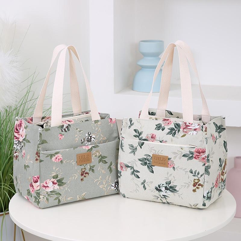 New fashionable women's hand-held printed canvas bag thickened large-capacity aluminum foil bento thermal insulation tote bag