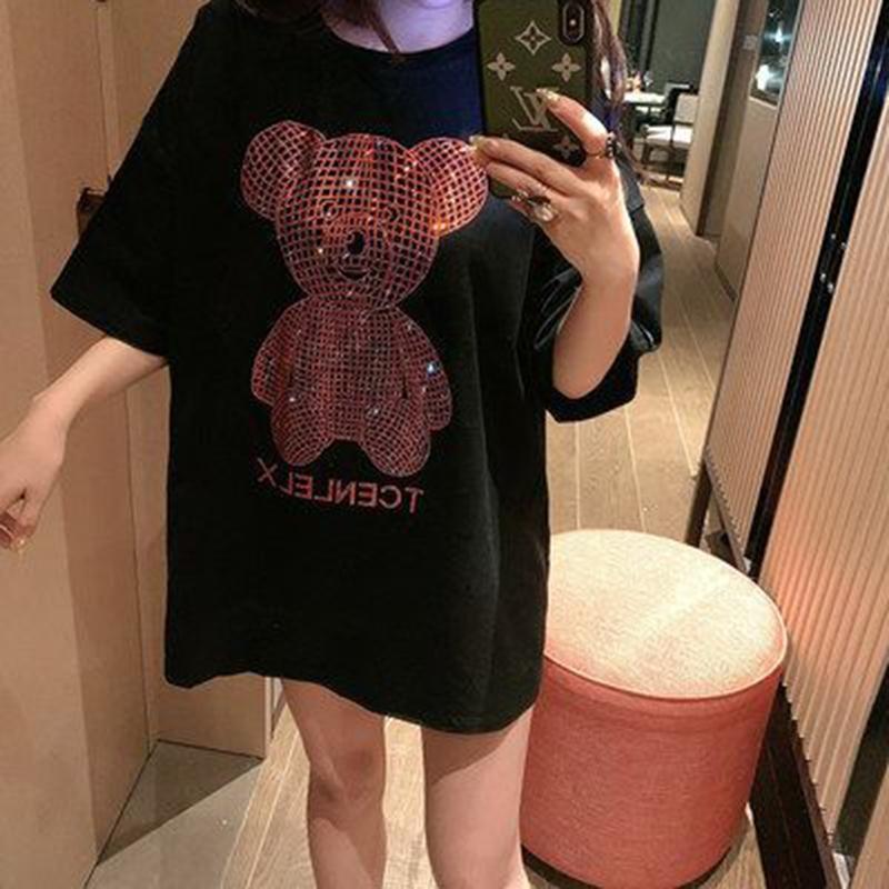 

Женская блестящая золотая бриллиантовая футболка с коротким рукавом и принтом медведя в стиле хип-хоп, свободная повседневная футболка XXL чёрный/красный