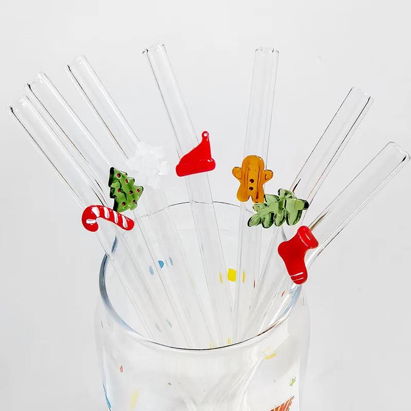 2Pcs Christmas Reusable High Borosilicate Glass Drinking Straws Set Set with 1Pc Brush Milk Shake Coffee Cocktail Straw Bar