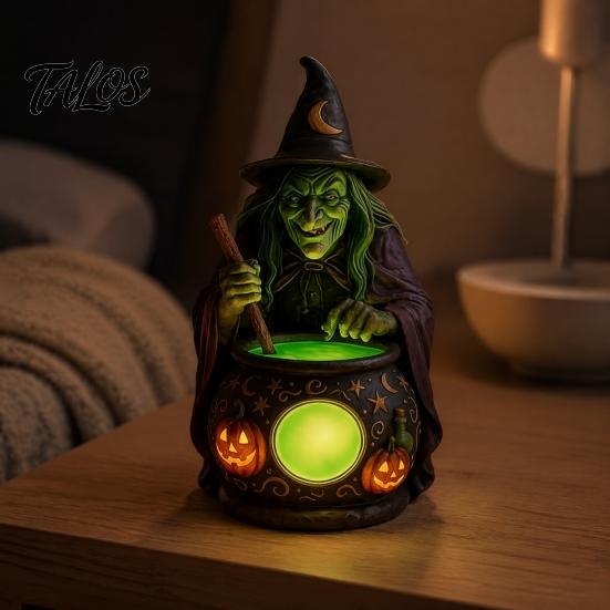 Figuritas Decorativas Detalladas Bruja de Halloween Caldero Lámpara, Adorno de Estatua de Resina, Luz de Mesa Única Espeluznante para Decoración de Escritorio