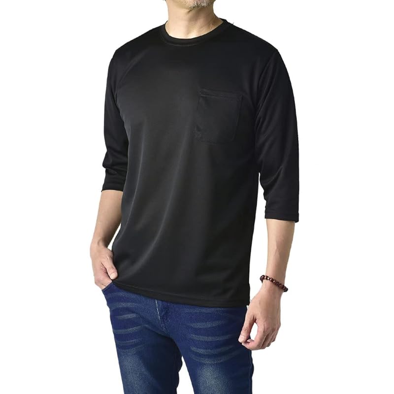 

[FLAG ON CREW] (Flag on Crew) 3/4 sleeve Plain T-shirt men s Sweat-absorbing quick-drying dry T-shirt 3/4 sleeve tops / E2I 4L black