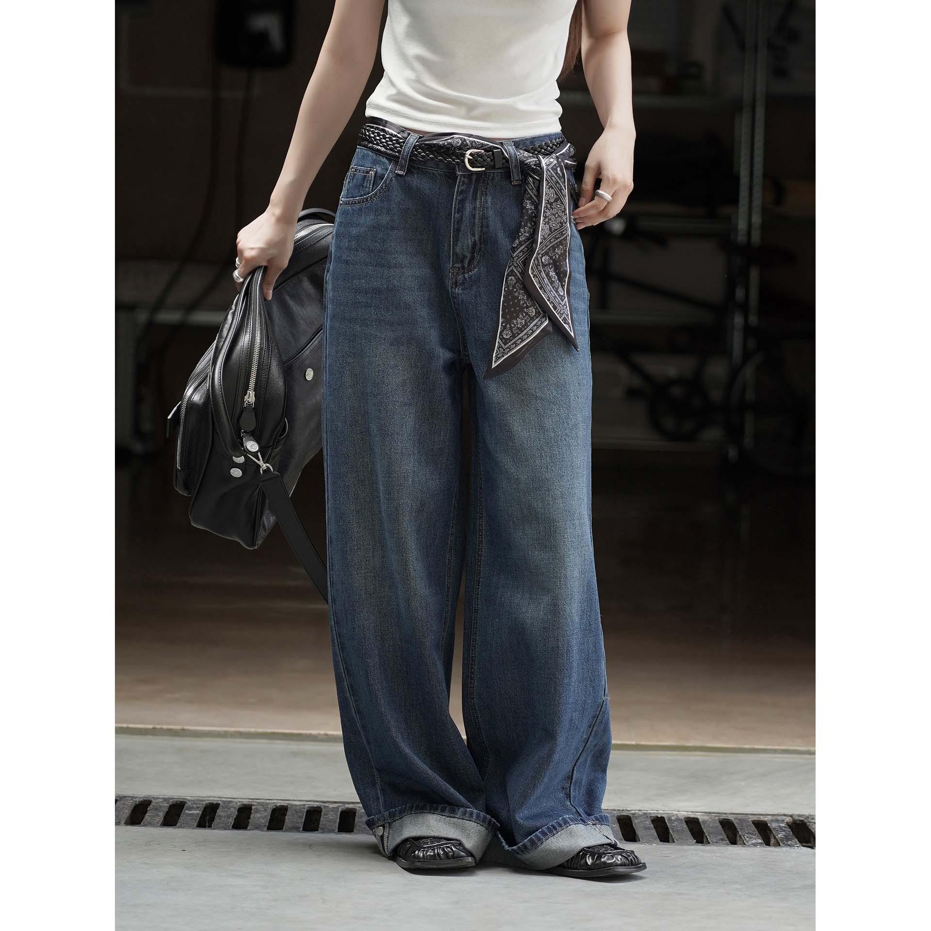 Louvre Autumn/Winter Korean Retro Wide-Leg Jeans with Silk Scarf Belt for Women Small