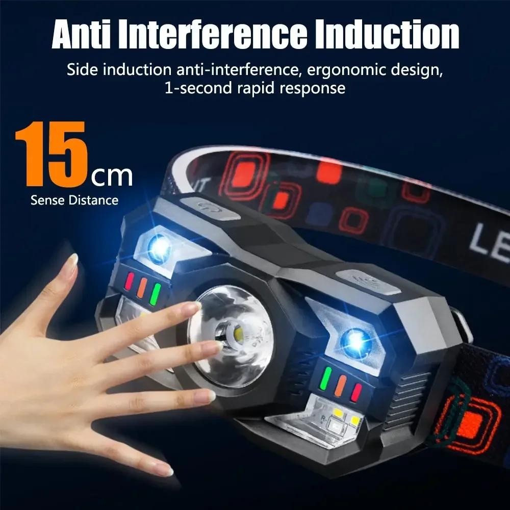 Lampă frontală puternică cu senzor LED, far reîncărcabilă prin USB, lanternă cu LED pentru cap, lumină de căutare pentru camping, cu baterie încorporată, lanternă de pescuit