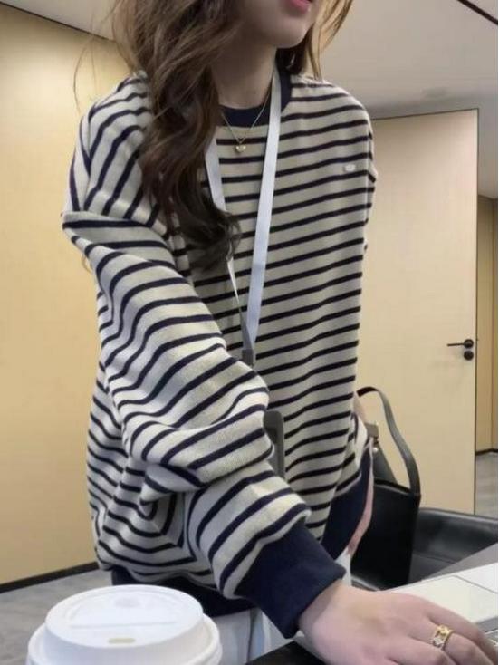 

Women s Oversized Striped Crew Neck Sweatshirt - Spring/Autumn Loose Casual Knitted Sweater темно-синий