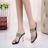 New Summer Womens 2025 Fashion Comfort Elegant Sandals Gold Oneword Diamond Stiletto Heel Medium Heel Rhinestone Sandals