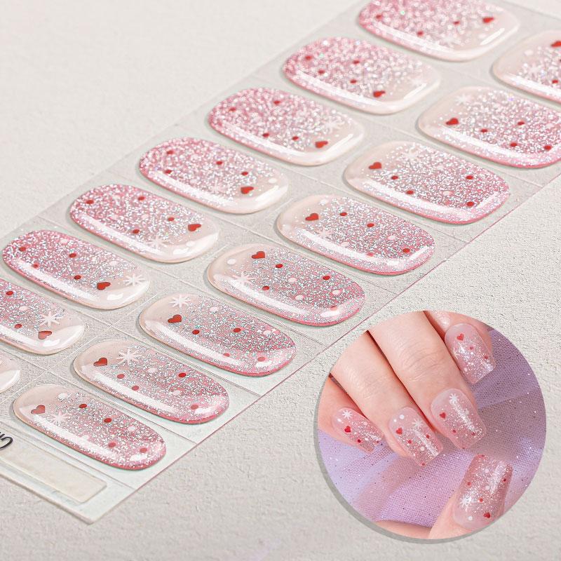 16Tips French Gel Nail Strips Long Lasting Full Cover Glitter Baking-Free Gel Nail Stickers DIY Manicure Decoration