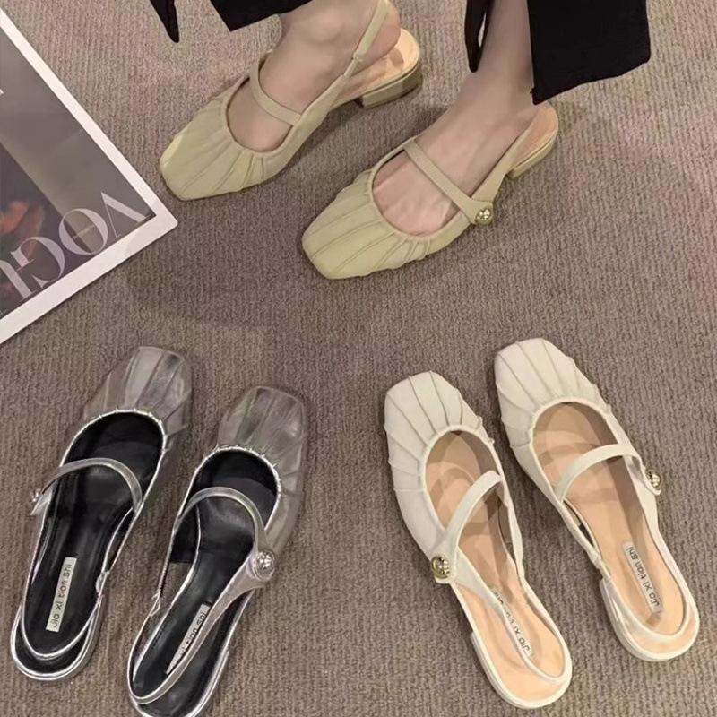 Mary Jane Shoes Women's 2025 New Round Head Shallow Mouth Velcro One Word with Doudou Shoes Flat Single Shoes Flat Heel