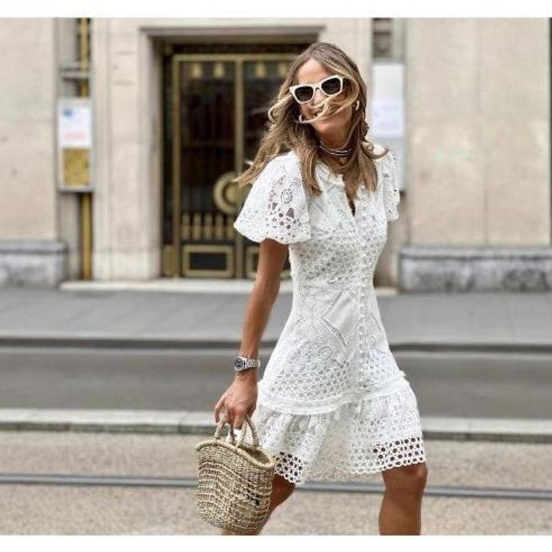 2023 New Cross-Border Summer Fashion European and American Women s Lace Bodycon Short-Sleeve Dress White S