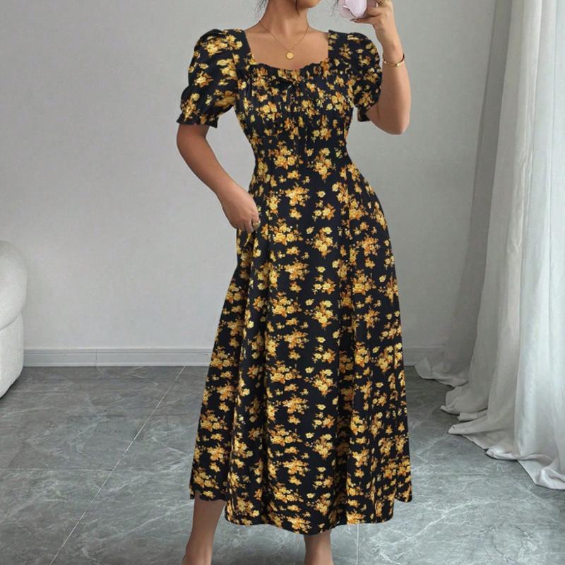 

Ruffle Edge Dress Women Puff Sleeves Printed Slim Fit Spring Summer Size S-XXL XL золотий