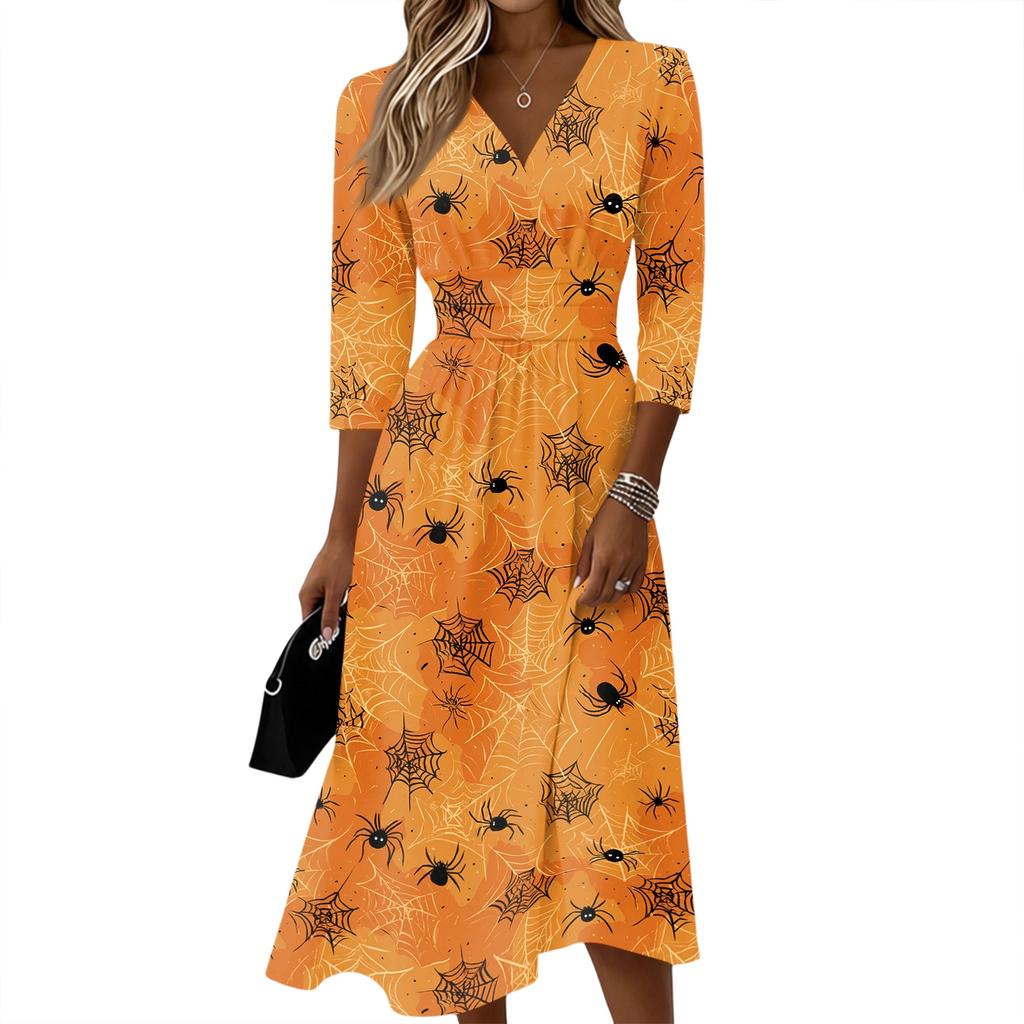 Women's Casual V Neck Midi Dress with Three Quarter Sleeves and Back Zipper Floral Print Lightweight Fabric for Everyday Wear