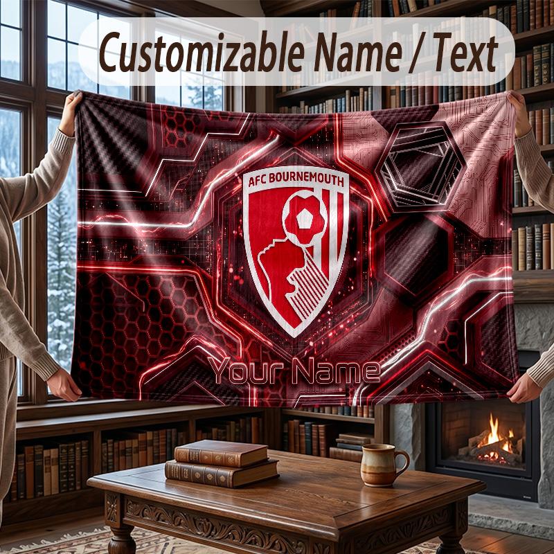 Custom Name Flannel Throw Blanket Bournemouth Football Pattern Warm Home Decoration