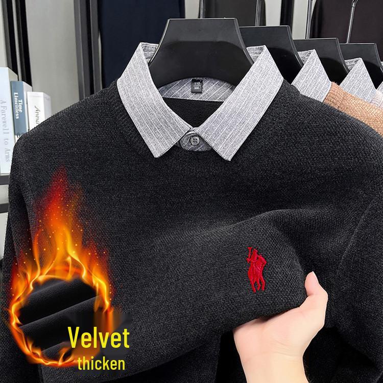 

Men s Thickened Velvet Sweater - Shirt Collar, Fake Two-Piece, Winter Warm, Long Sleeve Knit Top. XXXXL чорний