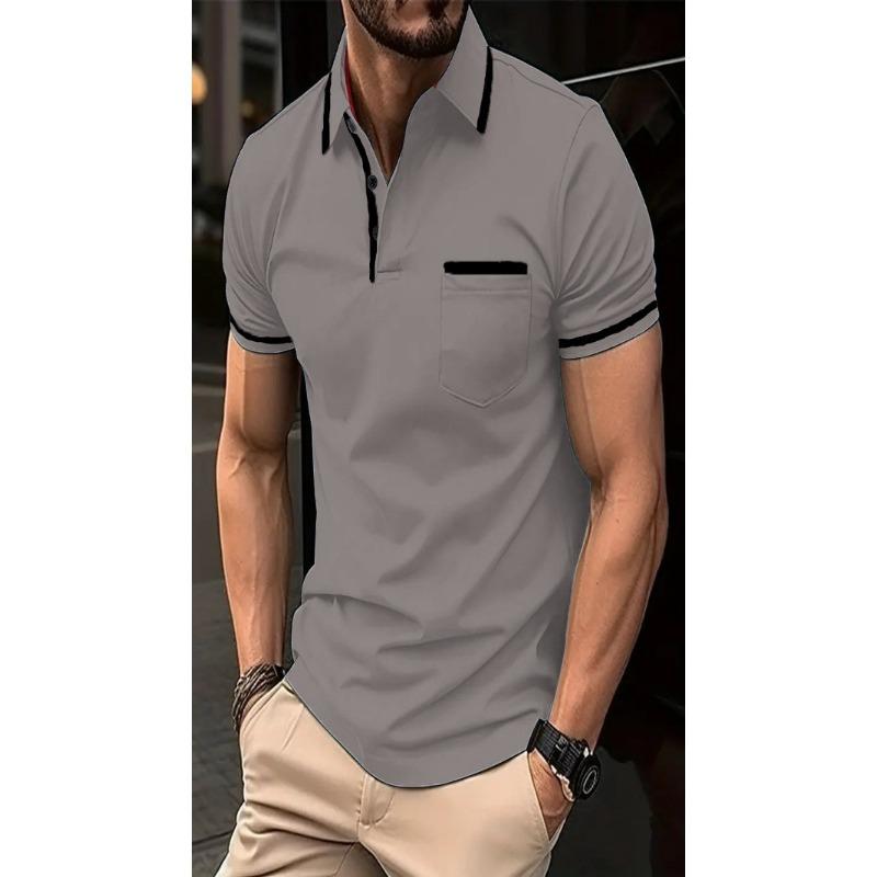 Men Casual Color Block Pocket Lapel Short Sleeve Polo Shirt