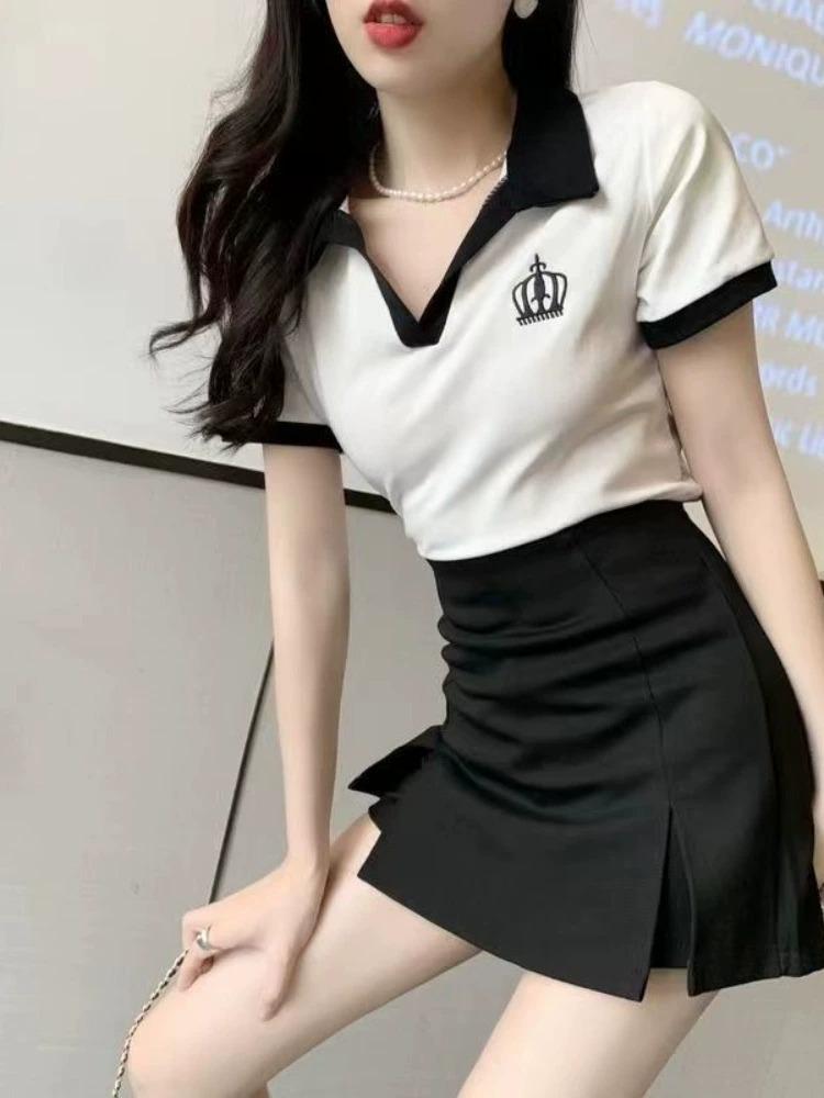 

2024 Women s Black High-Waist A-Line Midi Skirt with Slit - Spring/Autumn Slimming Anti-Exposure Design XS чёрный