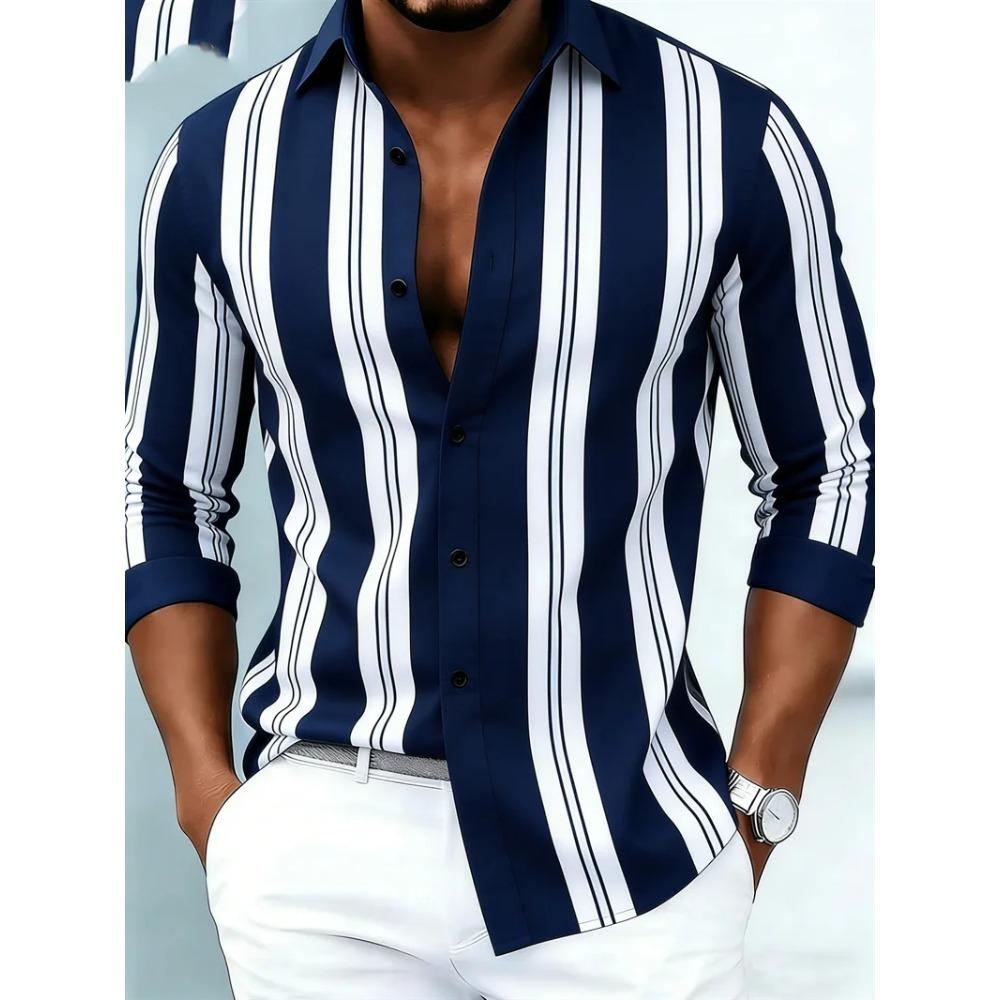 New Men's Long Sleeved Shirt Casual Fashion 3D Striped Print High-quality Shirt Single Breasted Long Sleeved Top