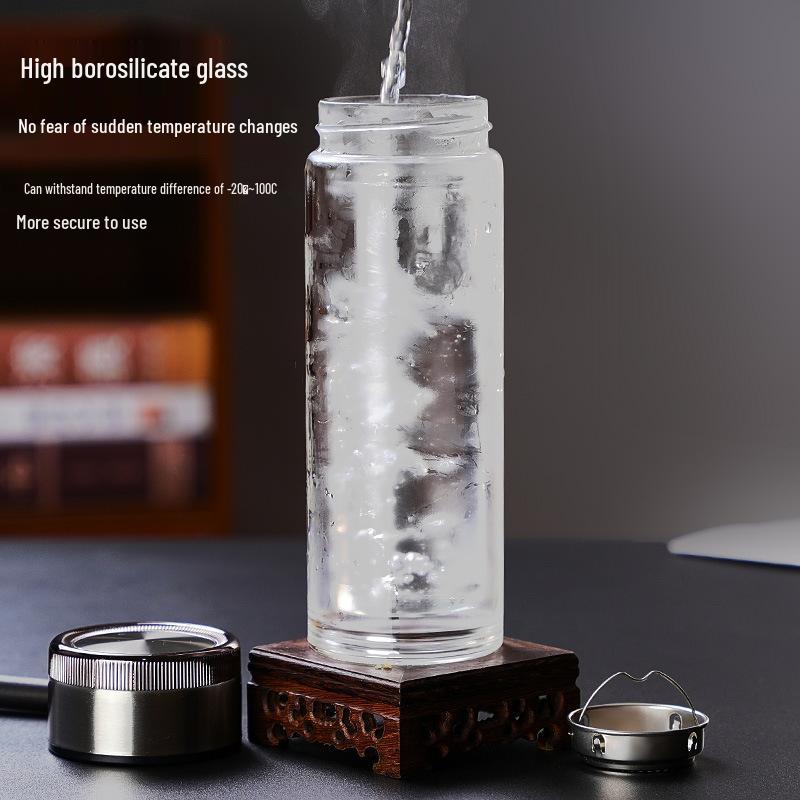 Threaded Double-Layer High Borosilicate Glass Tea Cup with Custom Logo and Screw Cap