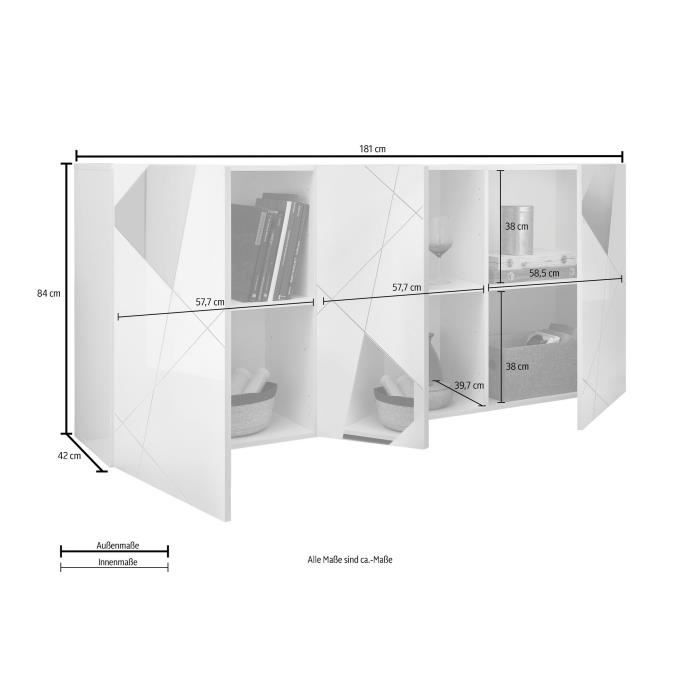 Buffet VICTORY - Décor Chêne Sonoma - 3 Portes - Miroir - L 181 x P 42 x H 84 cm