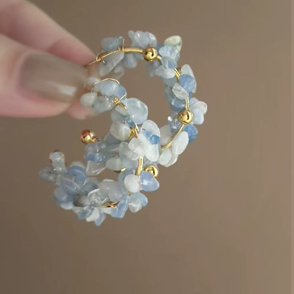Silver needle flower oil drip diamond stud earrings summer small fresh blue earrings fashionable versatile high sense earrings women
