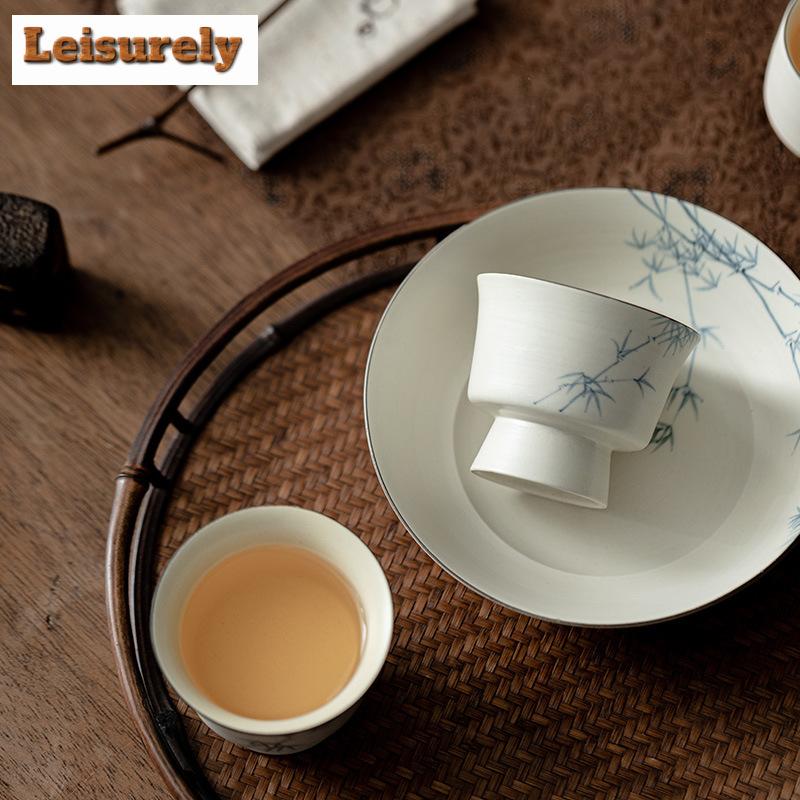 80ml Hand-painted Ink Bamboo Ceramic Teacup Powder Yin White Water Moon Cup Tea Master Cup Tea Bowl Chazhan Kung Fu Teaware Gift