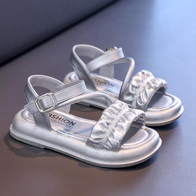 

2025 Summer New Kids Sandals for Girls Anti-slippery Soft Sole Toddler Beach Shoes Open-toe Princess Party Flats Elegant Simple 28 серебряный