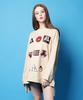Monkey Flower Unisex Multi-Wappen Graphic Asymmetrical Oversized Long Sleeve T-Shirt / Ms1Wts02U Beige