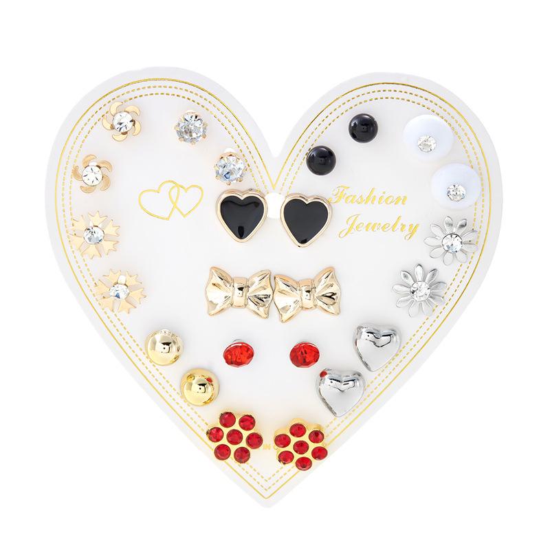 12-Pair Rhinestone Stud Earrings Set: Flower, Heart, Star & Moon Designs