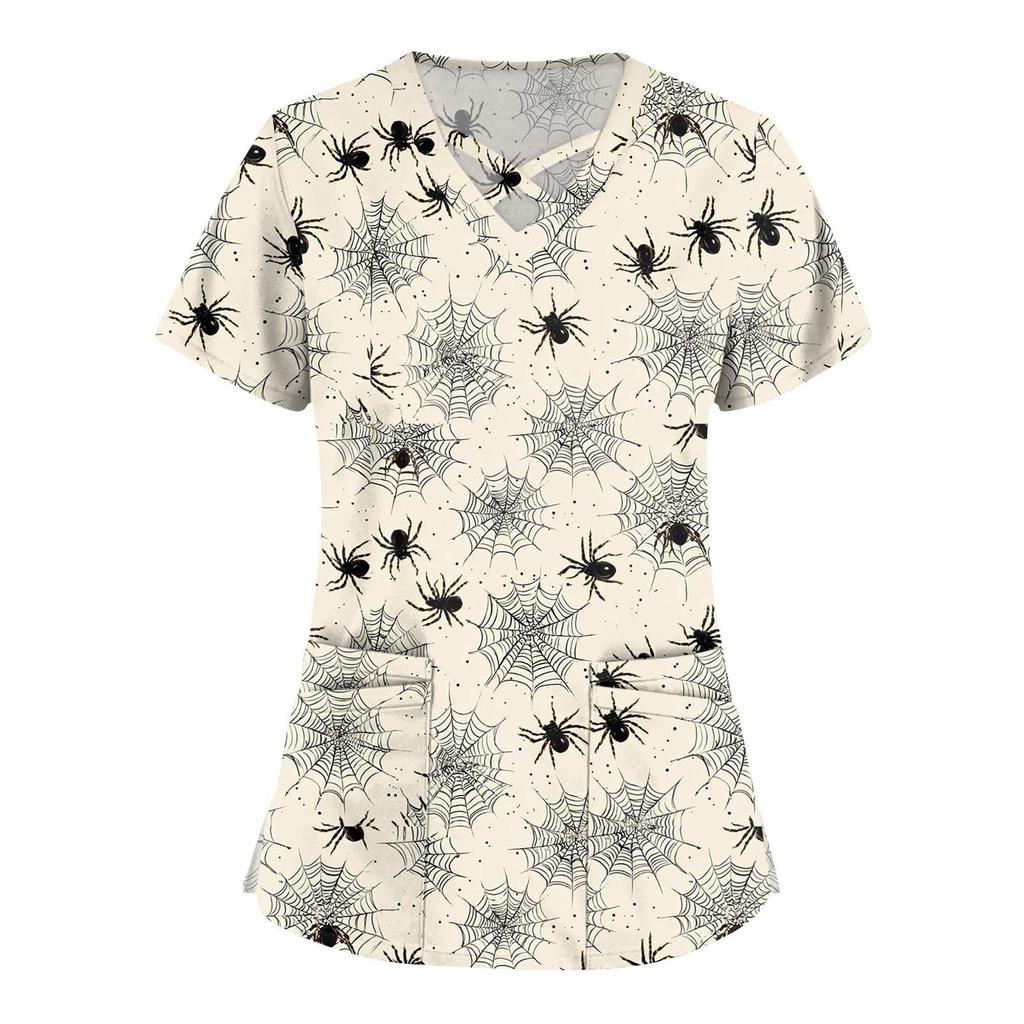 Women's Fashion  V-Neck Short Sleeve Overalls Double Pocket Halloween Printed Tops  Apparel