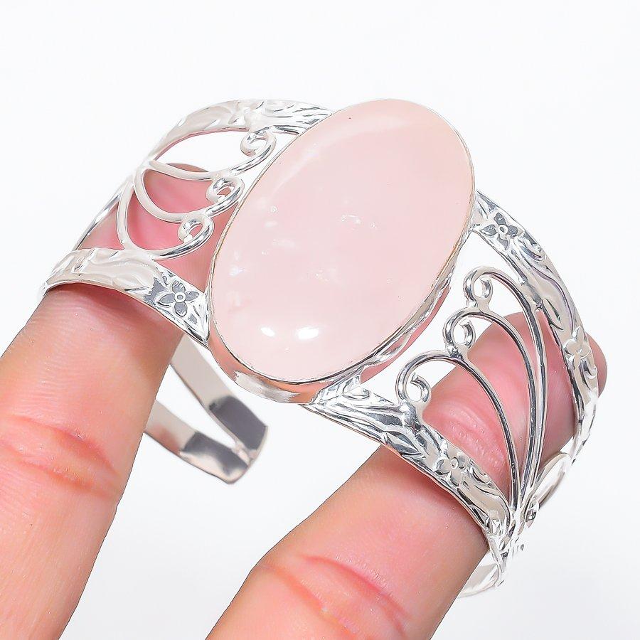 Natural Rose Quartz Gemstone 925 Sterling Silver Cuff Bangle Adjustable z2C13