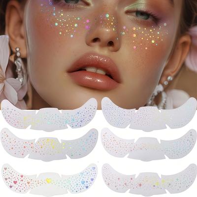 6pcs Glitter Freckle Tattoos - Holographic Heart Face Stickers, Waterproof Temporary Tattoos for Festival & Party Makeup