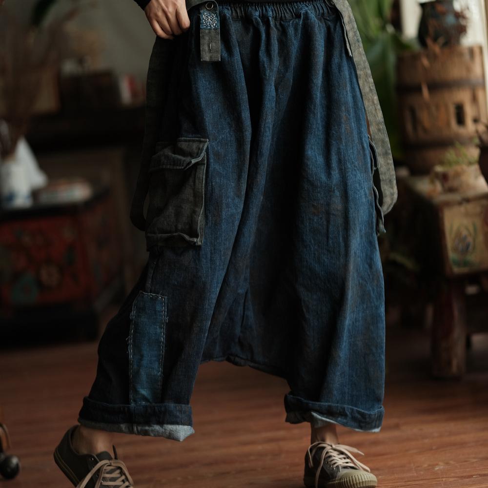 Johnature Women Jumpsuits Elastic Waist Autumn Patchwork Pockets Loose Jumpsuits