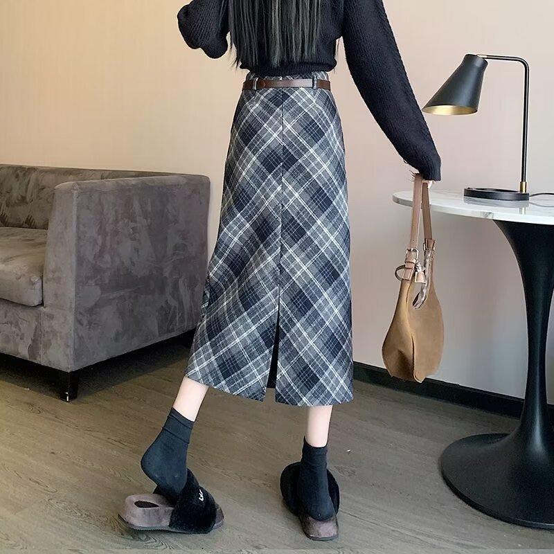 Classic plaid knit midi skirt high-waisted A-line, Fall/Spring, women's clothing.
