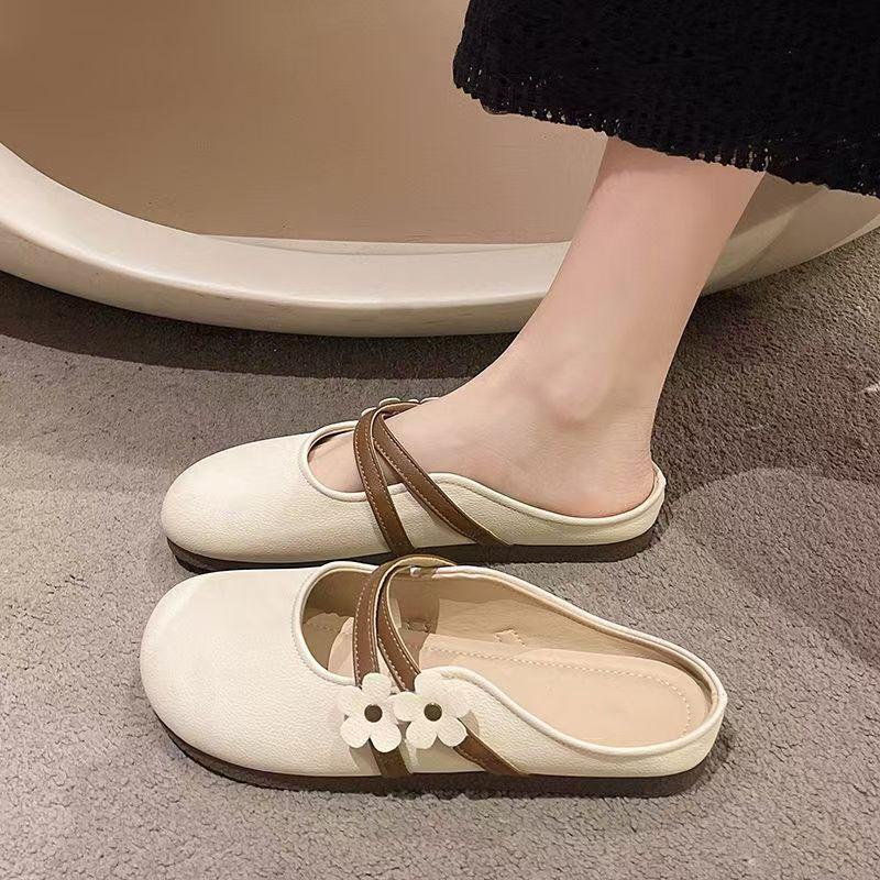 

Daily versatile flower flat-bottomed lazy single shoes spring and summer new soft-soled not tired foot bag head one foot half slippers 35 бежевый