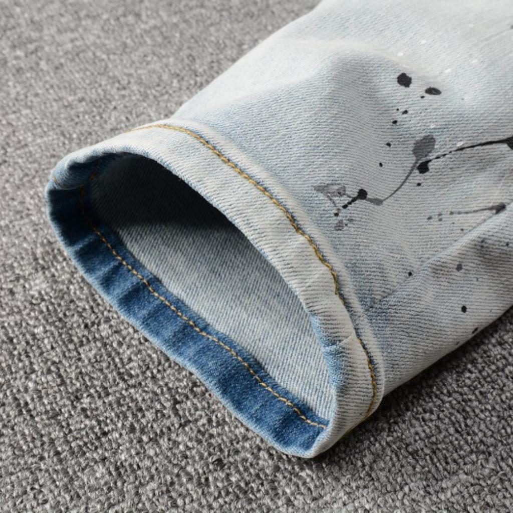 Fashion Men's Denim Micro-stretch Cotton Youth Light Blue Splatter Paint Hole Patch Jeans