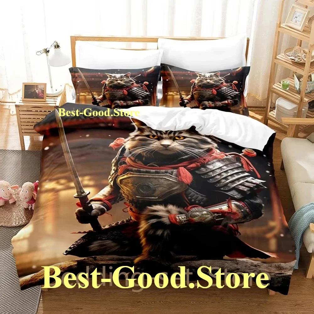 COOL Samurai Cat Bedding Set Duvet Cover Full Queen King Size Pillowcase Bed Printed Bed Set Aldult Kid Bedroom Single Twin