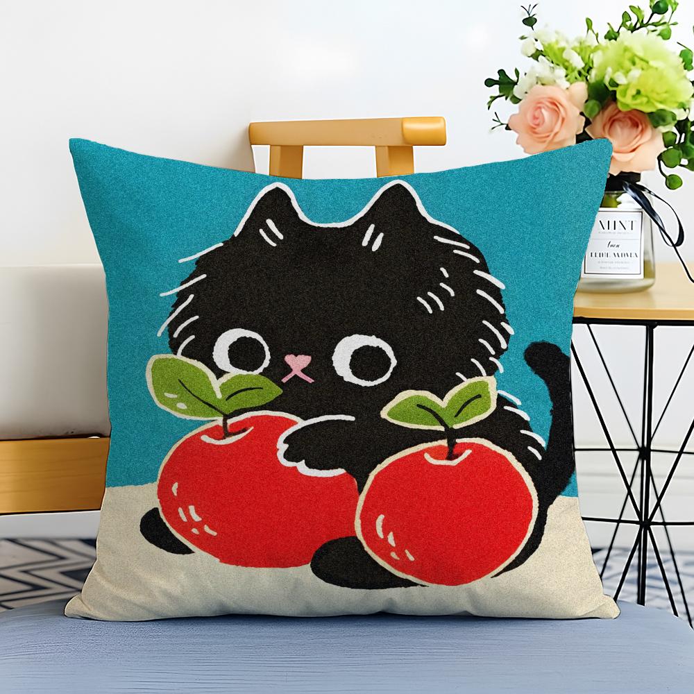 Cartoon handdrawn cat Cushion Cover Washable Linen comfort Soft for Sofa Bed Cozy Home Room Decor