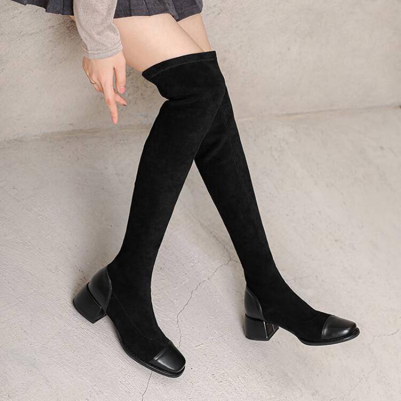 Korean version of the new suede over-knee boots solid color round head square heel sleeve leather boots autumn and winter comfortable rubber sole Mar