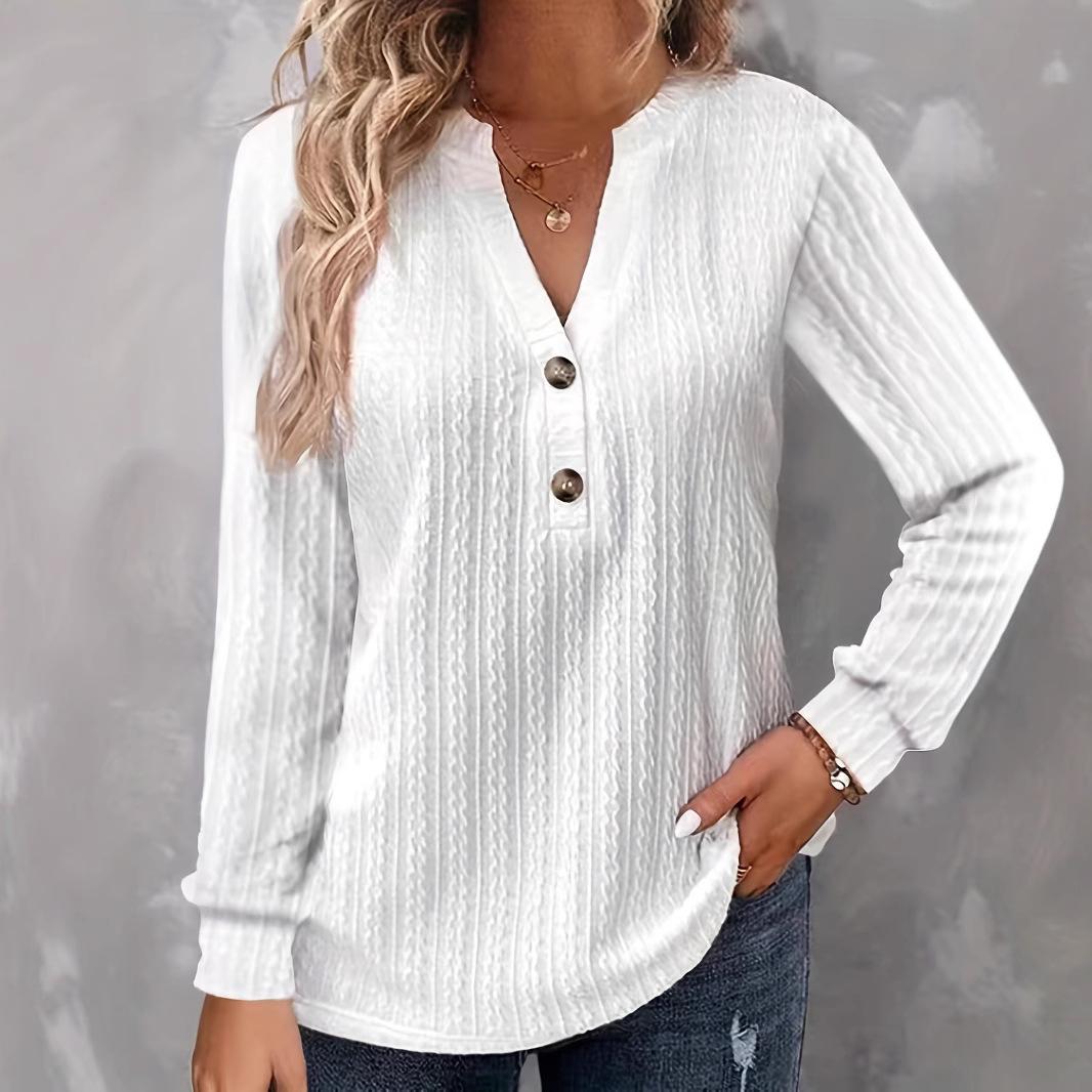 

Autumn and Winter Women s New Long-sleeved Solid Color V-neck Button-down T-shirt Tops S белый